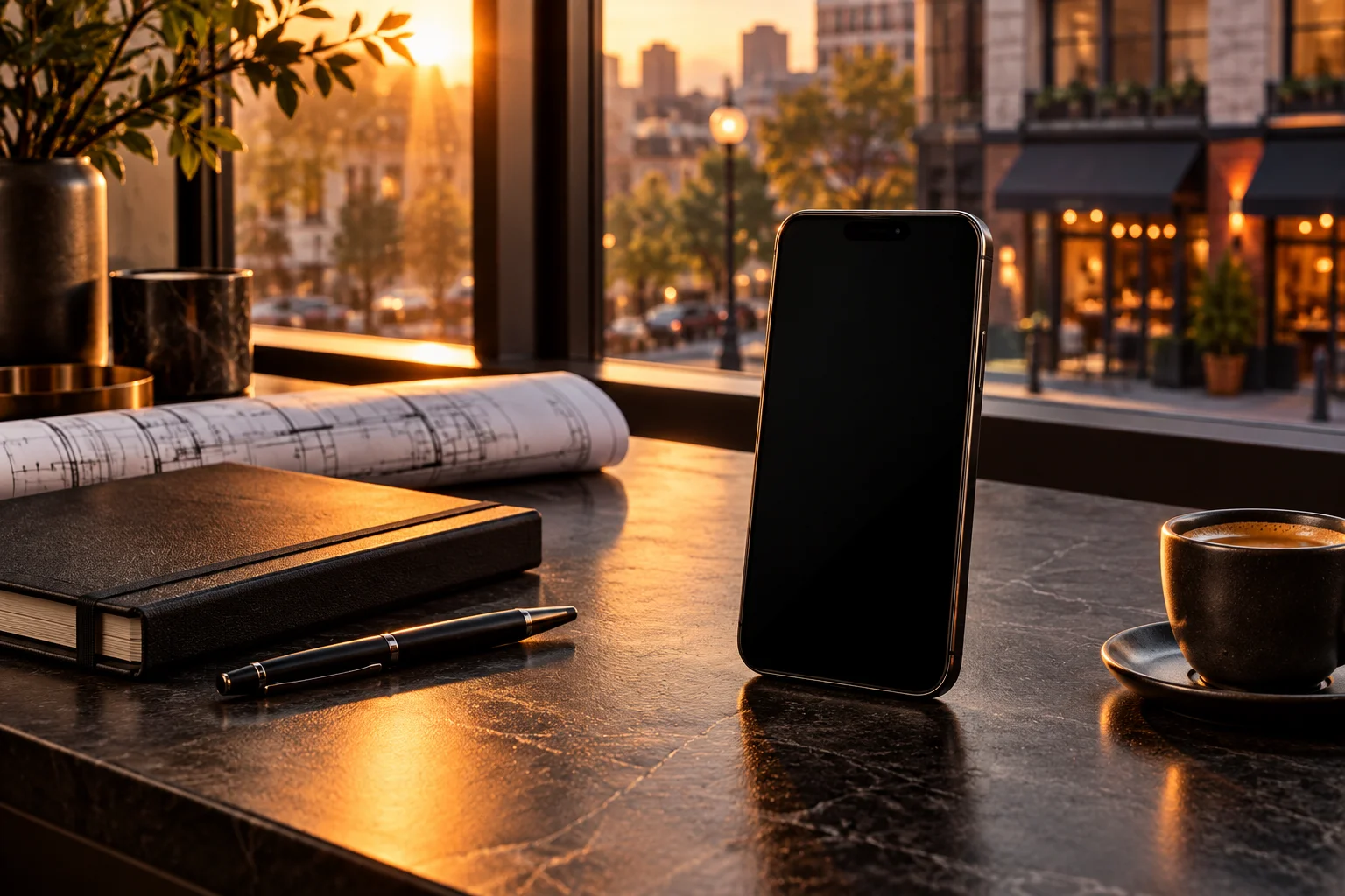 Illustrative business desk with a smartphone, notebook and architectural plans